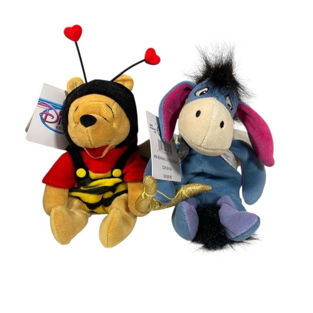Vintage Disney Store Valentine Pooh & Cupid‎ Eeyore Mini Bean Bag Plush Set NWT